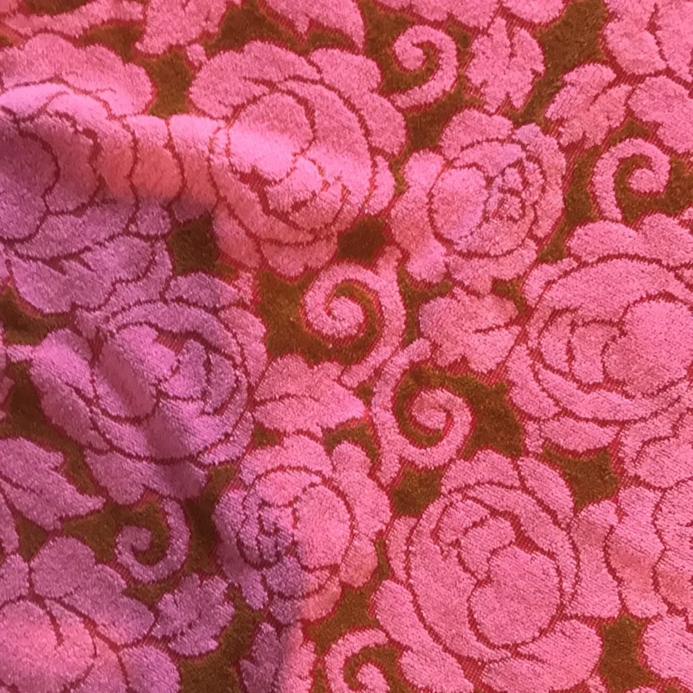 Vintage Fieldcrest Made USA Red Pink Floral Brown Fringe Bath Towel